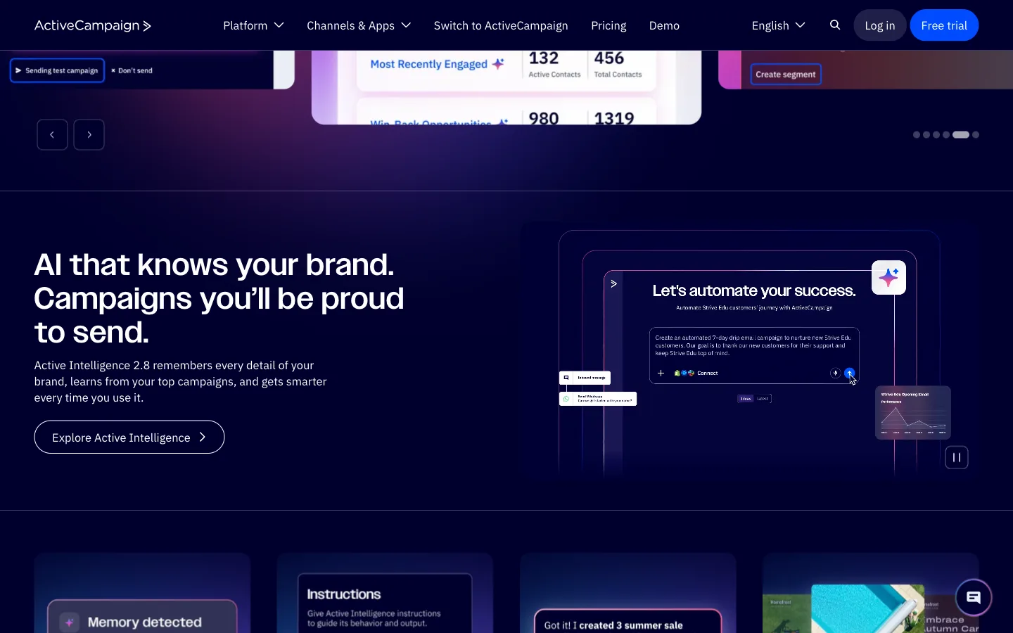 ActiveCampaign website: product/features section