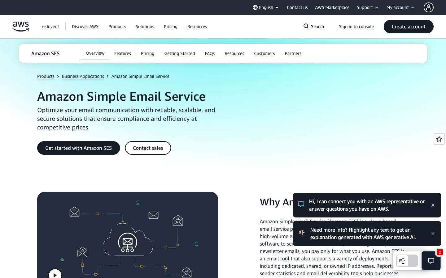 Amazon SES website: homepage hero section