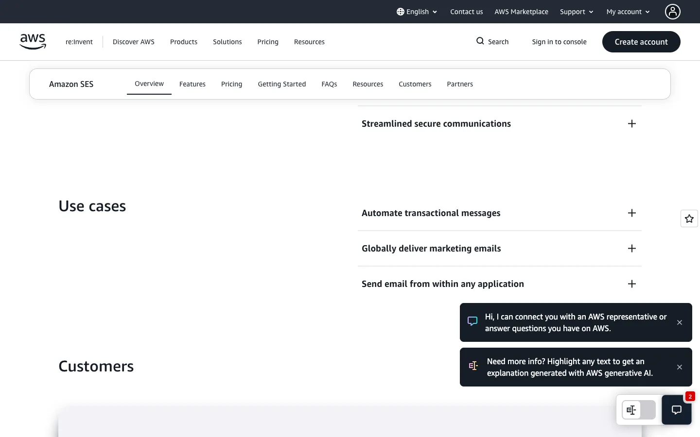 Amazon SES website: product/features section
