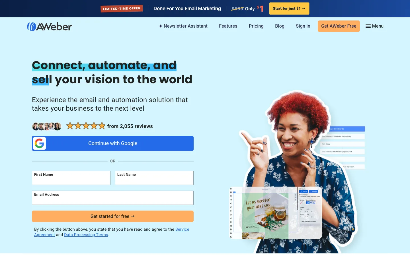 AWeber website: homepage hero section