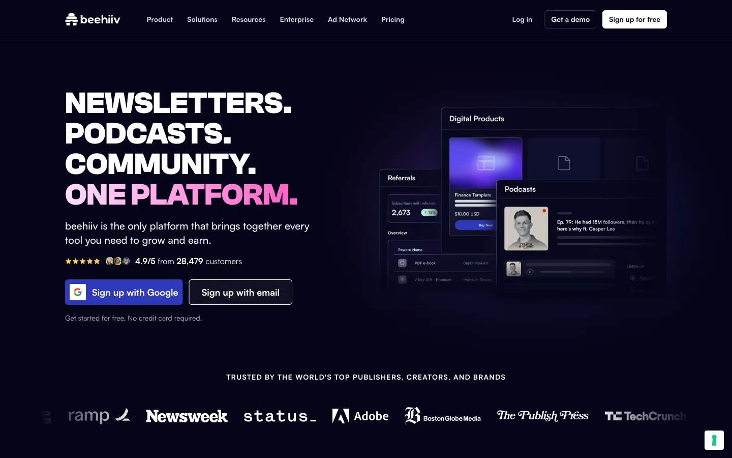 beehiiv website: homepage hero section