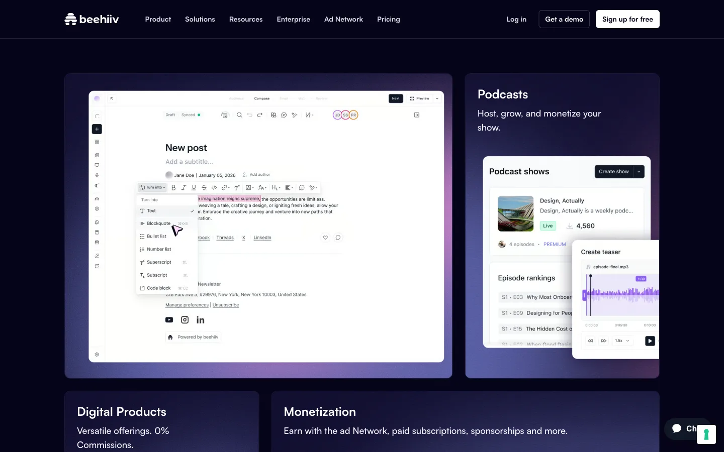 beehiiv website: product/features section