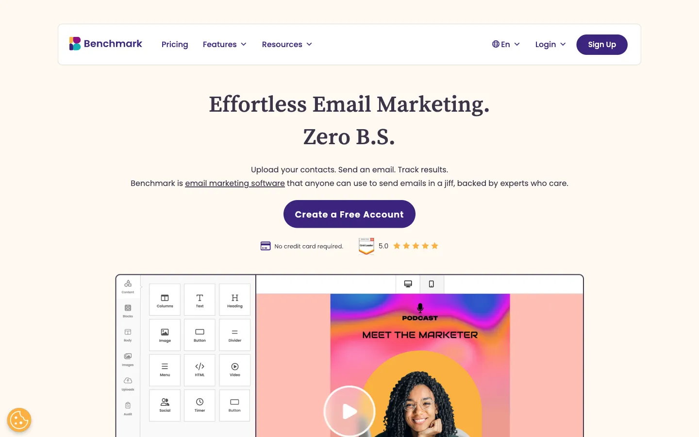 Benchmark Email website: homepage hero with email editor preview
