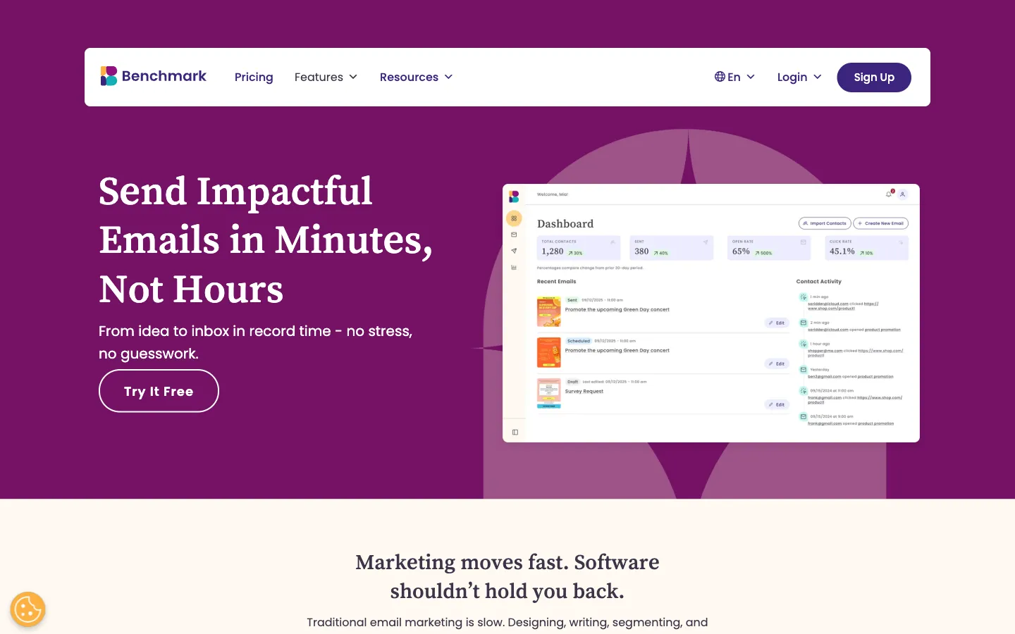 Benchmark Email website: features page hero with dashboard screenshot