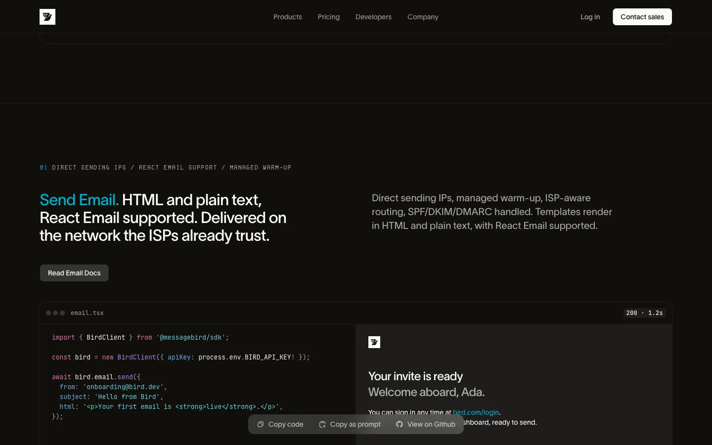 Bird website: product/features section