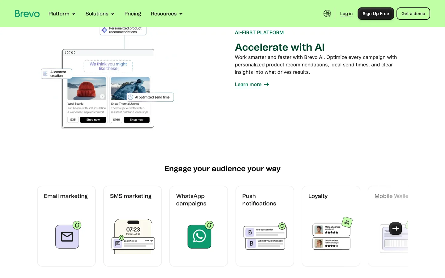 Brevo website: product/features section