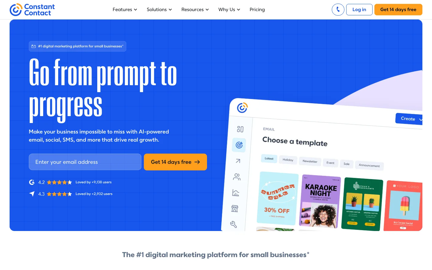 Constant Contact website: homepage hero section
