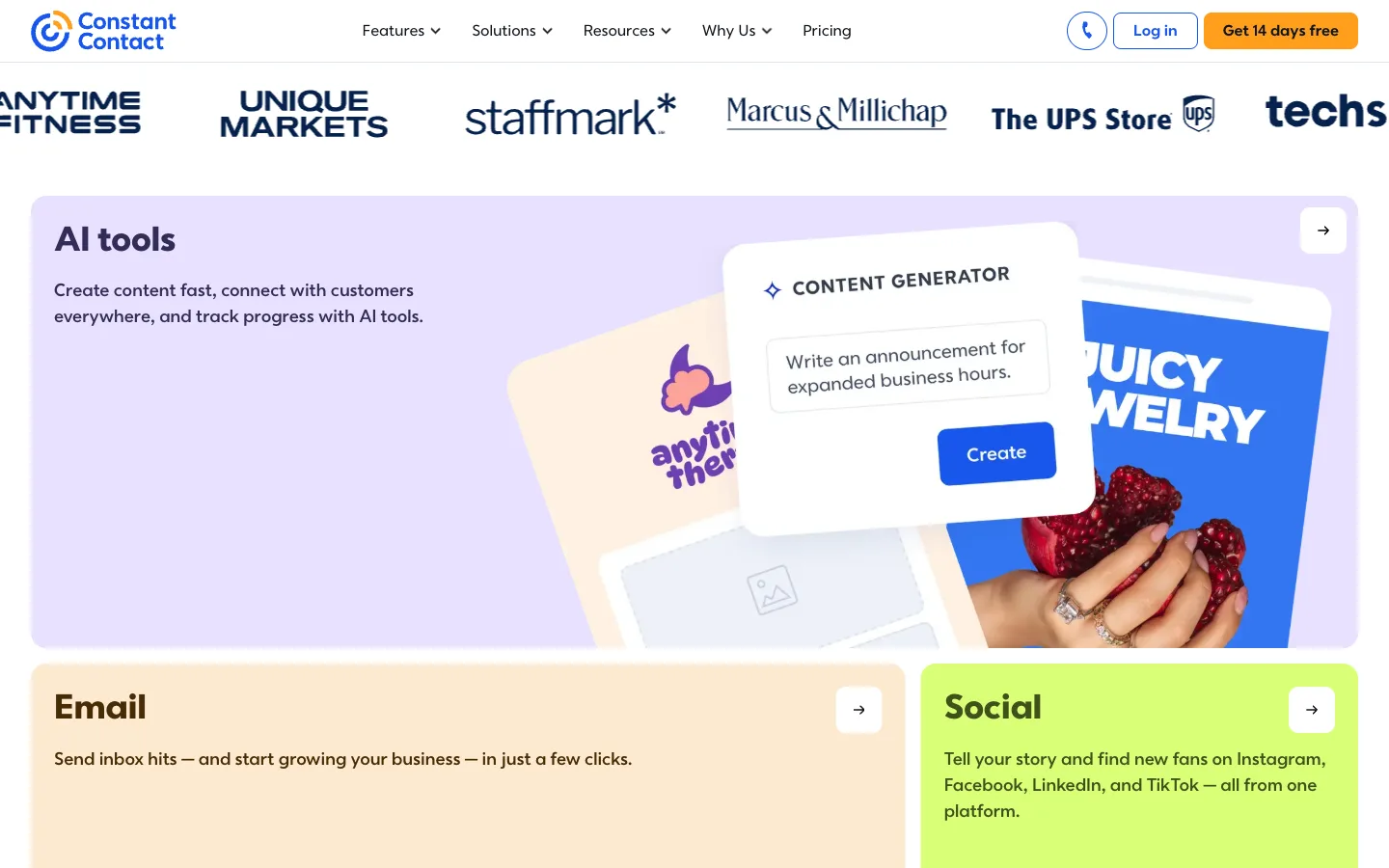 Constant Contact website: product/features section