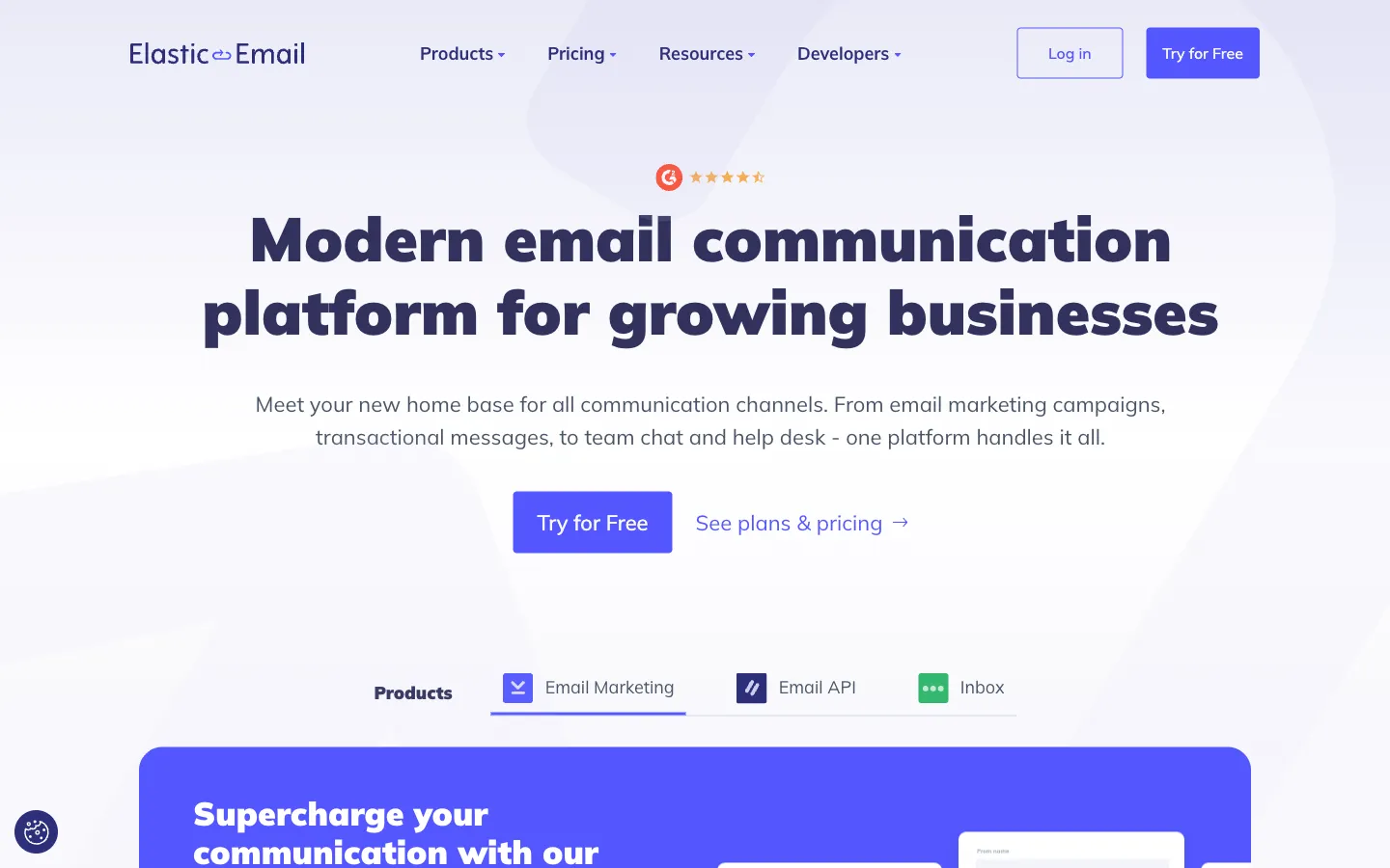 Elastic Email website: homepage hero section