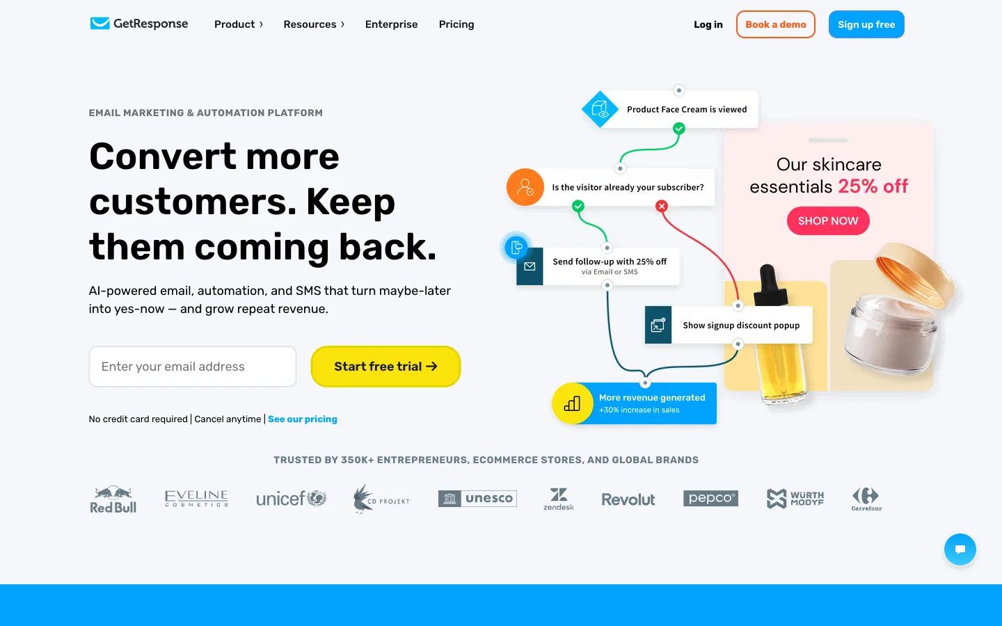 GetResponse website: homepage hero section