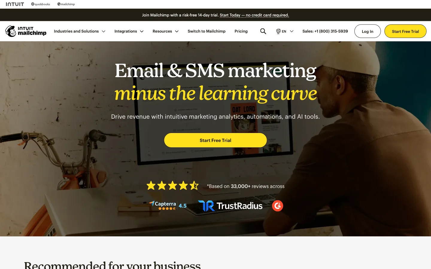 Mailchimp website: homepage hero section