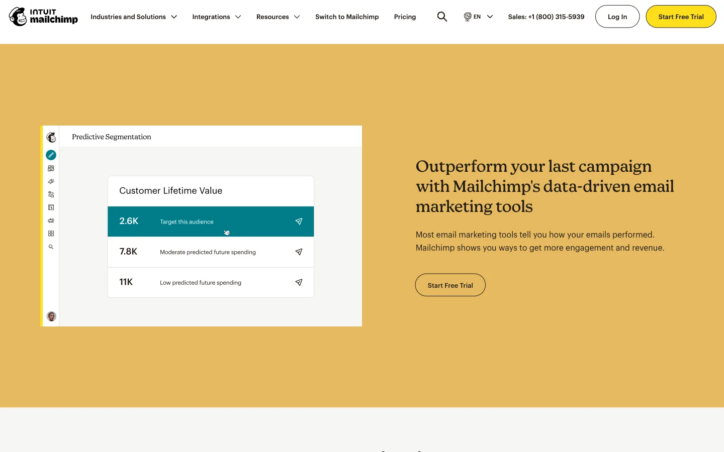 Mailchimp website: product/features section