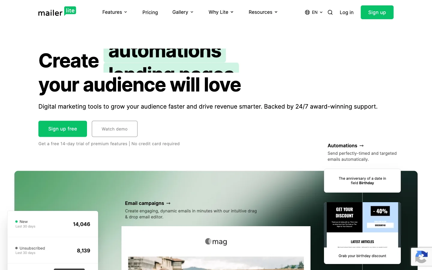 MailerLite website: homepage hero section