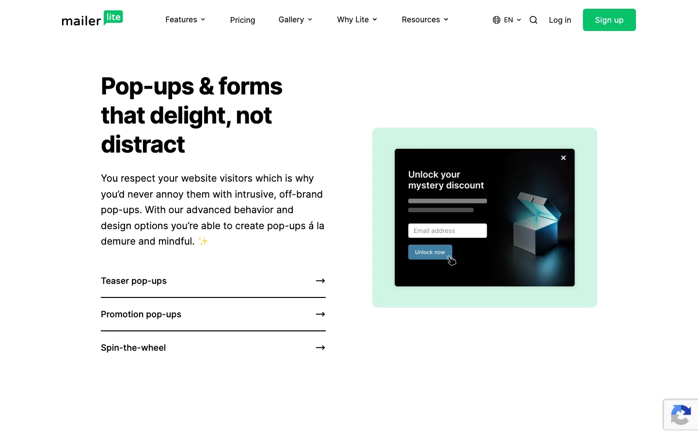 MailerLite website: product/features section