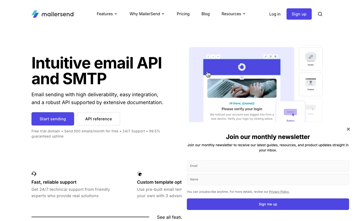 MailerSend website: homepage hero section