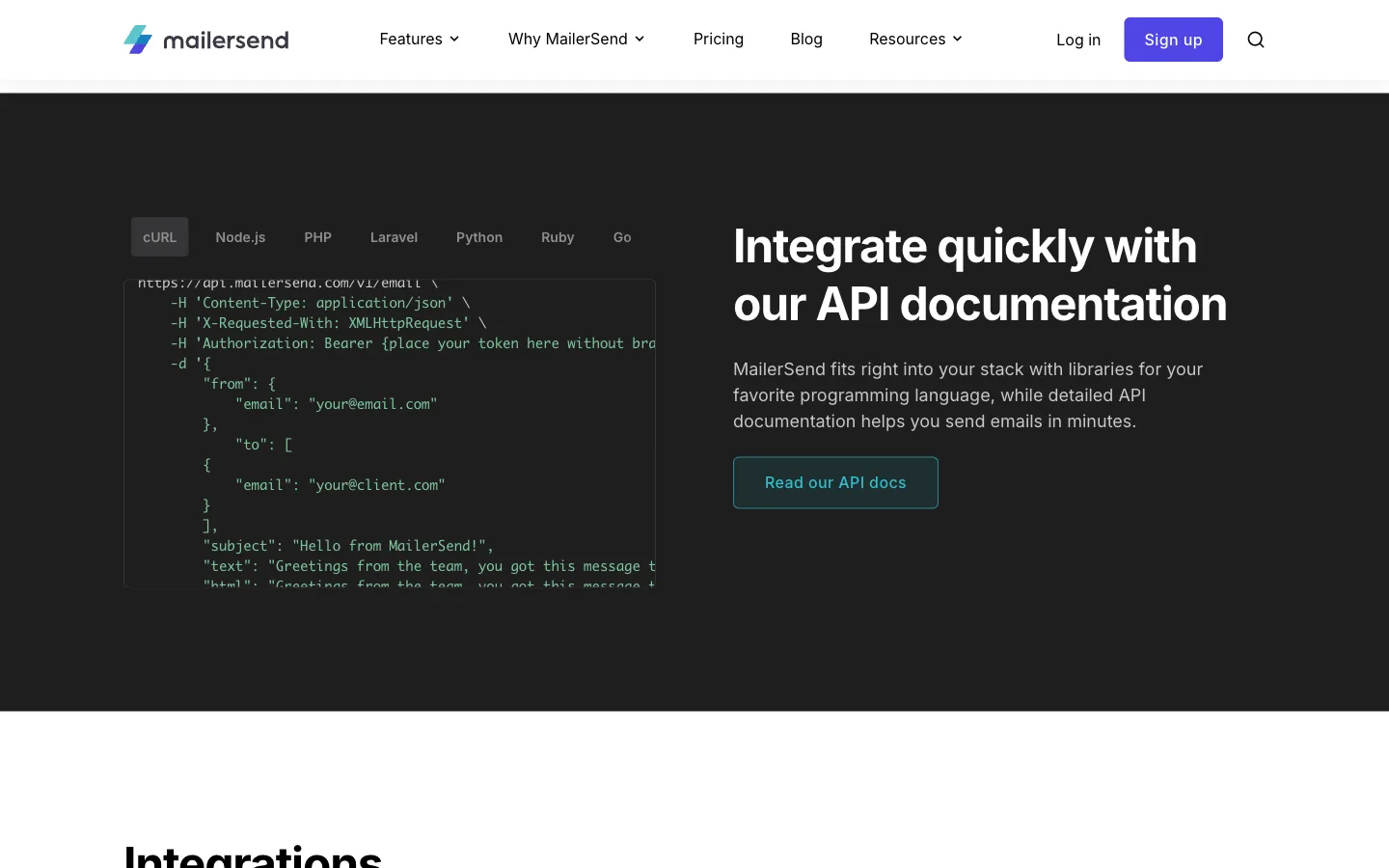 MailerSend website: product/features section