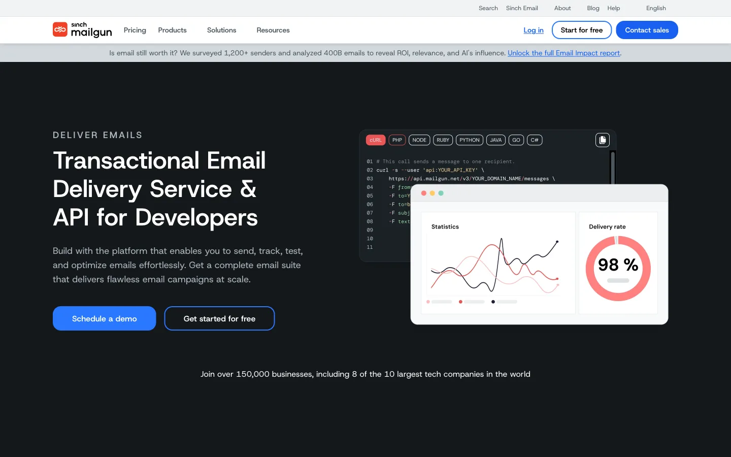Mailgun website: homepage hero section