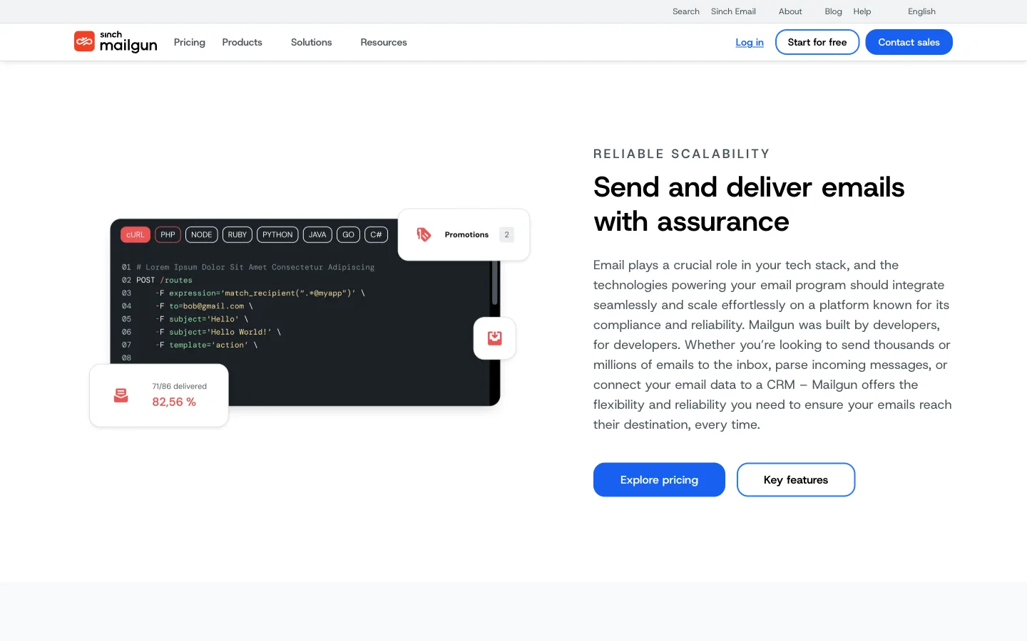 Mailgun website: product/features section