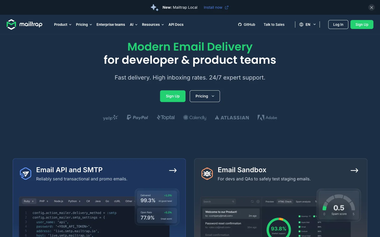 Mailtrap website: homepage hero section