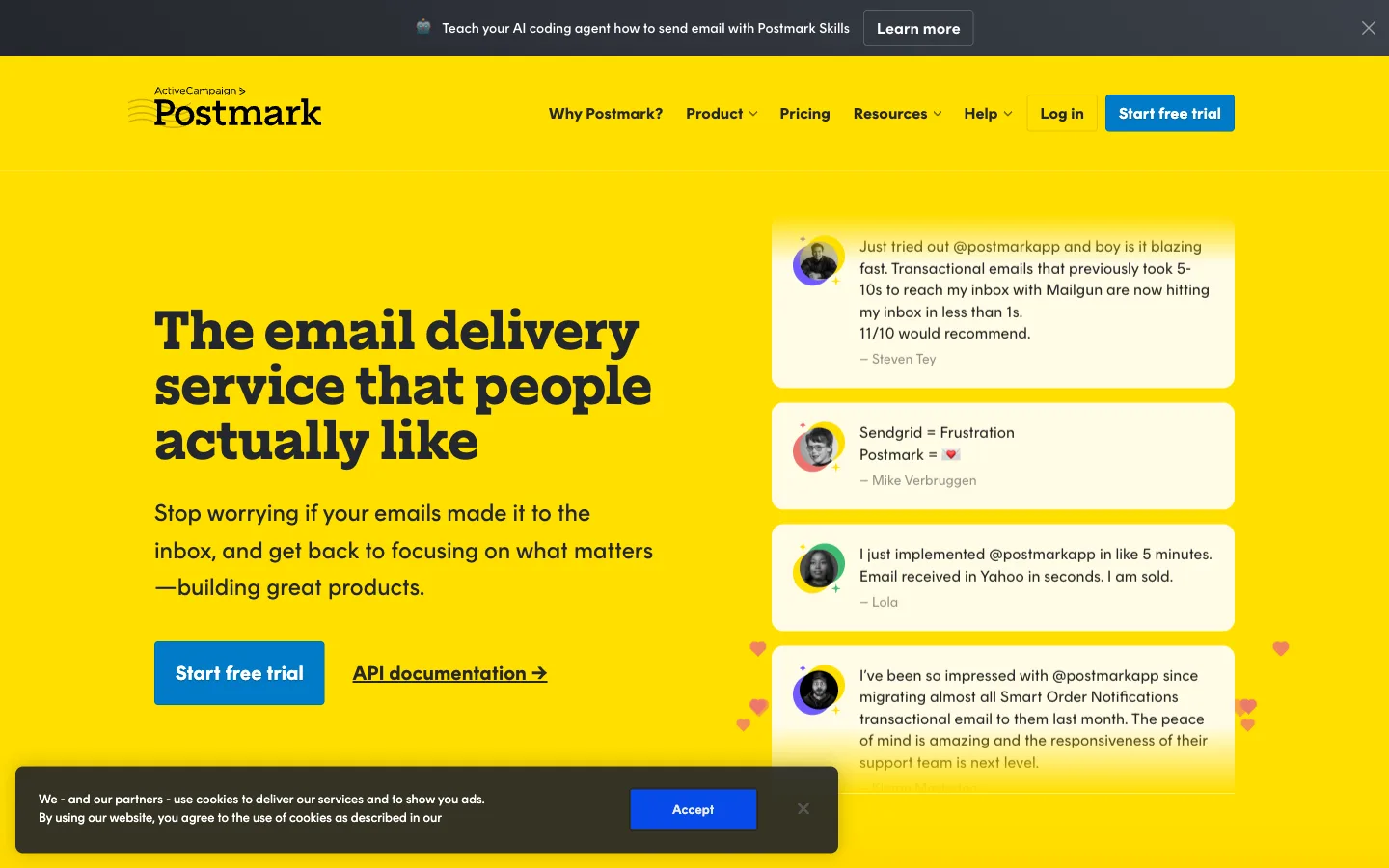 Postmark website: homepage hero section