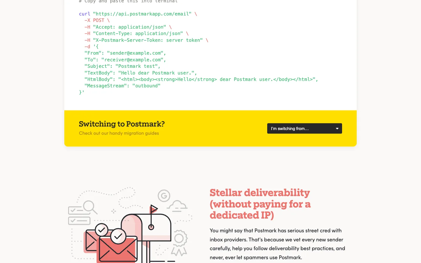 Postmark website: product/features section