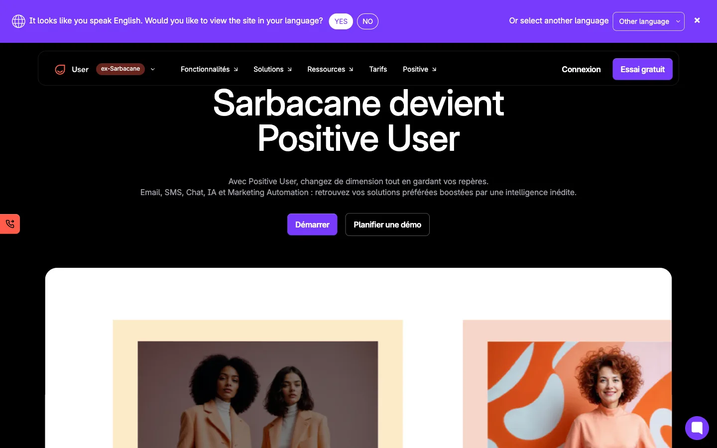 Sarbacane (Positive User) website: homepage hero section