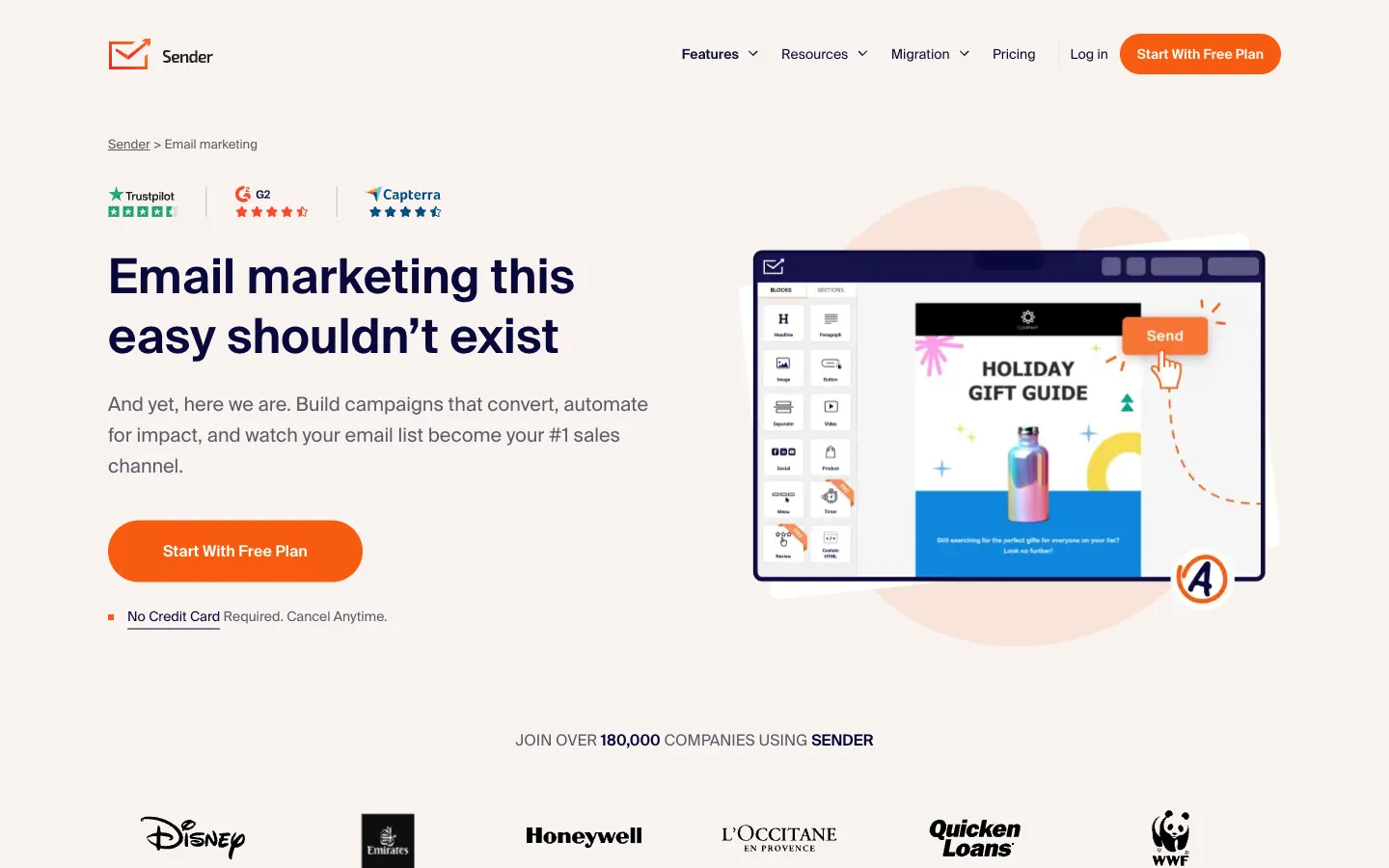 Sender website: email marketing product page