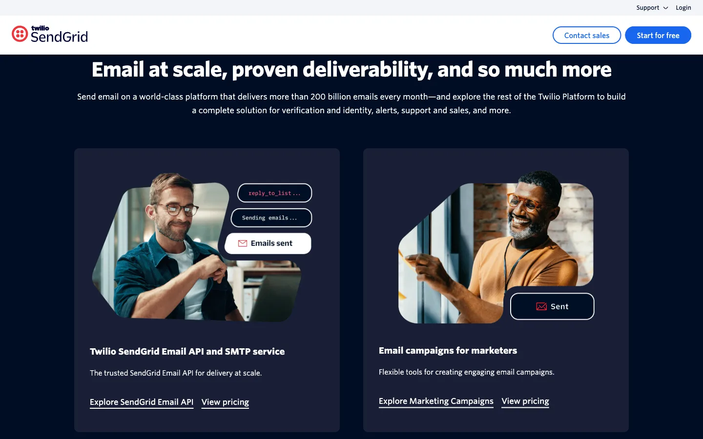 SendGrid website: product/features section