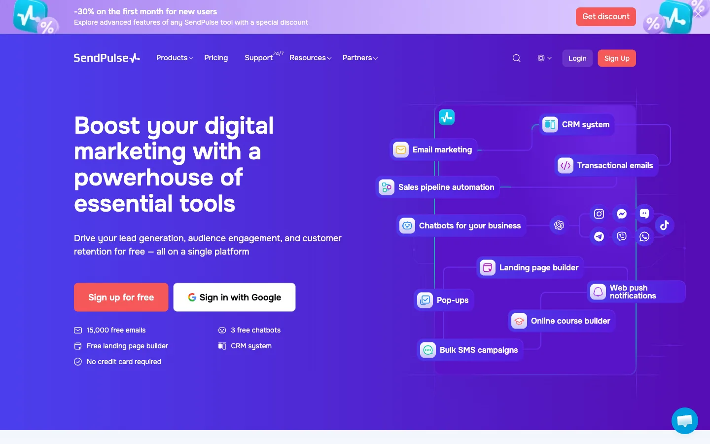 SendPulse website: homepage hero section