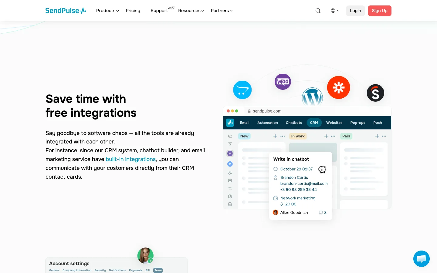 SendPulse website: product/features section