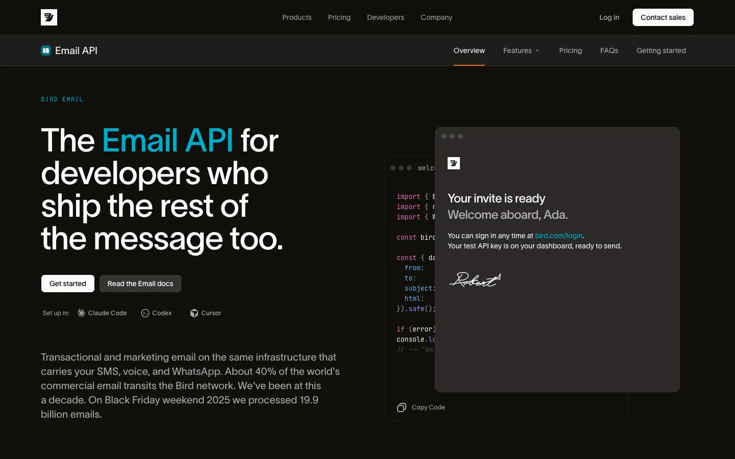 Bird website: Email API product hero section