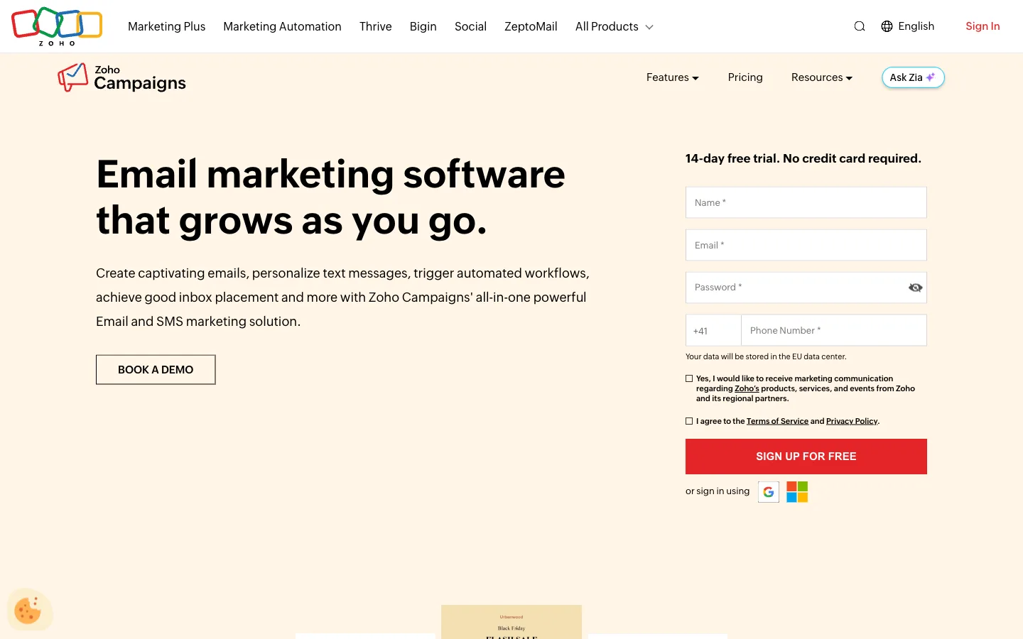 Zoho Campaigns website: homepage hero section